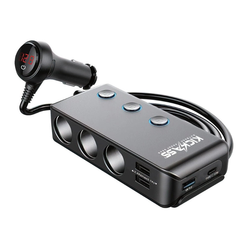 KickAss 3 Way Cigarette Socket Splitter with USB Ports