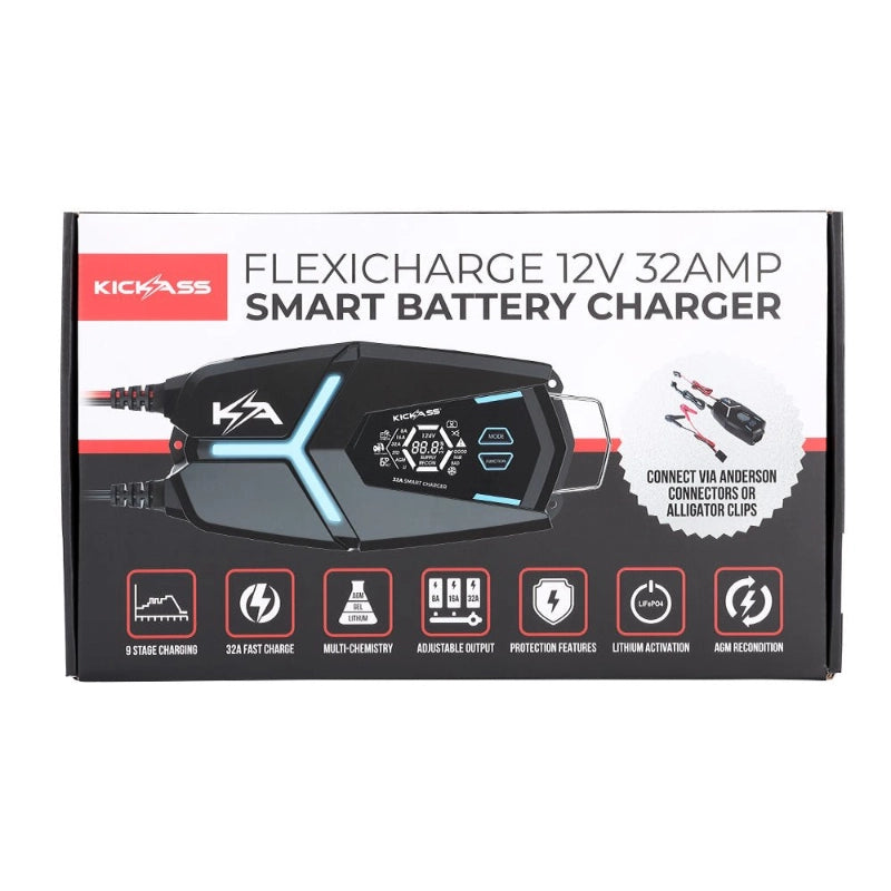 KickAss Flexicharge 12V 32A ACDC Smart Battery Charger For Lead Acid, AGM & Lithium Batteries