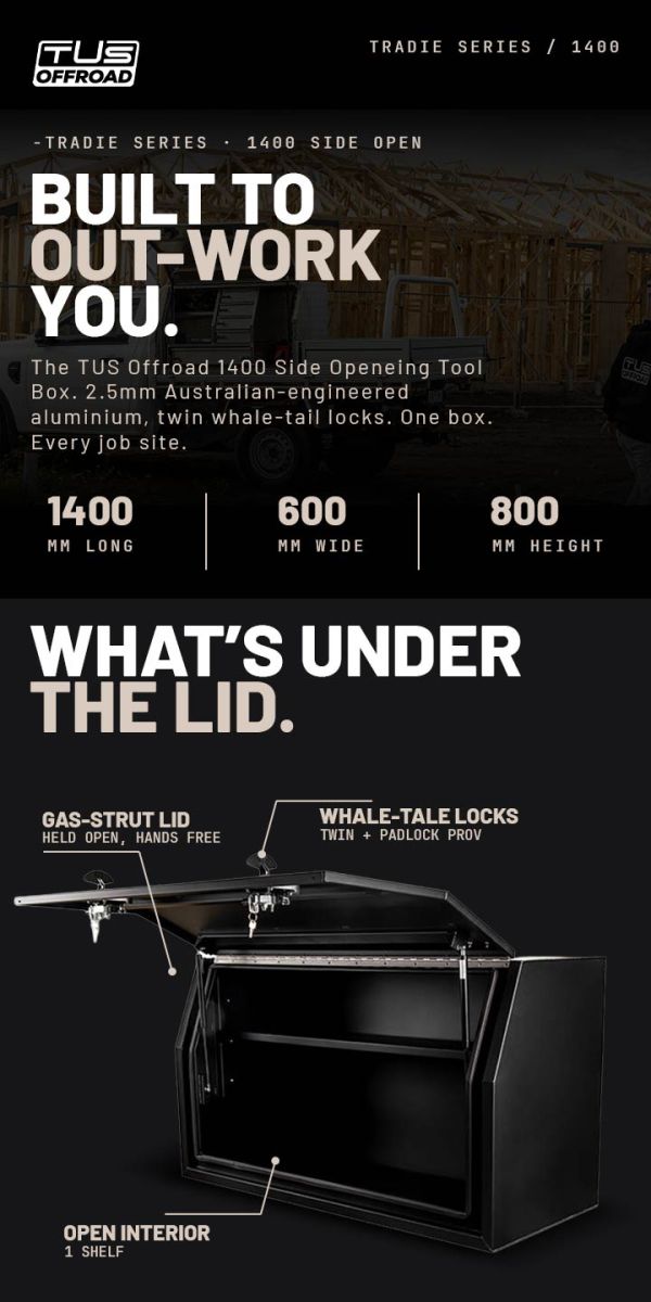 TUS Offroad Tradie Series 1400mm Side Opening Tool Box w/ No Internals - Black