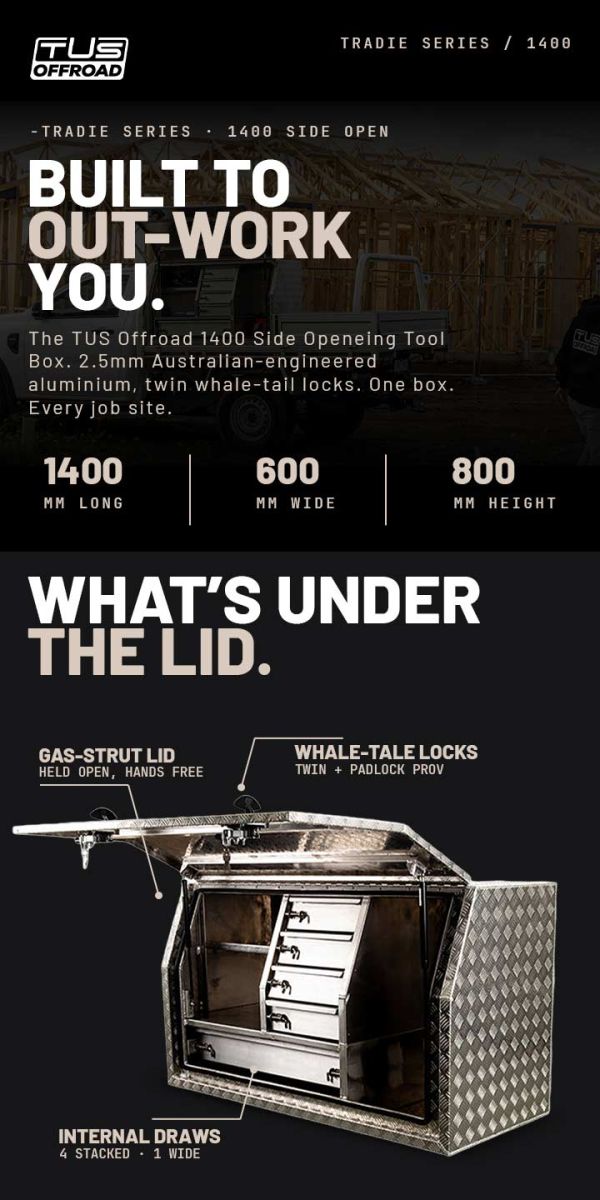 TUS Offroad Tradie Series 1400mm Side Opening Tool Box w/ Internal Drawers - Checkerplate
