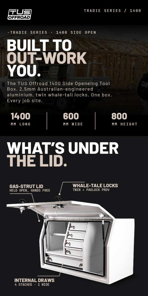TUS Offroad Tradie Series 1400mm Side Opening Tool Box w/ Internal Drawers - White