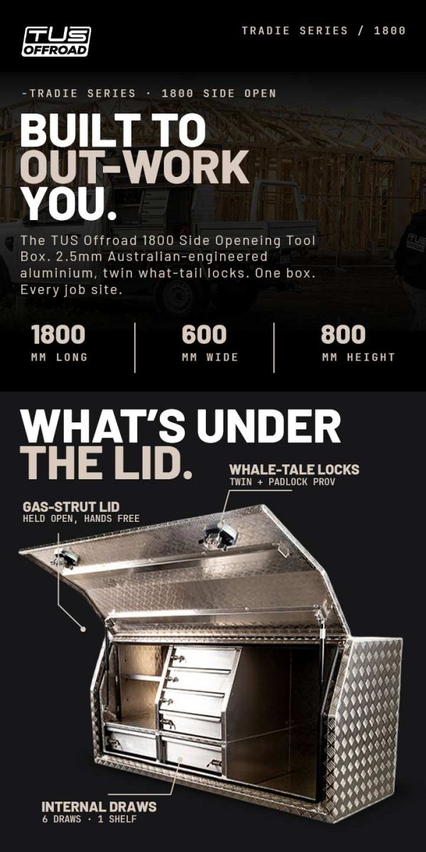 TUS Offroad Tradie Series 1800mm Side Opening Tool Box w/ Internal Drawers - Checkerplate