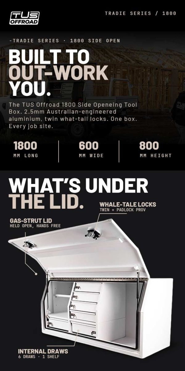 TUS Offroad Tradie Series 1800mm Side Opening Tool Box w/ Internal Drawers - White