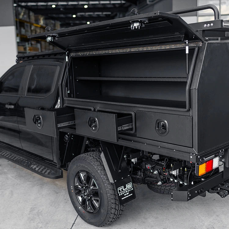 TUS Offroad Tradie Series 1800mm 3/4 Side Opening Tool Box with 3 External Drawers three draws open