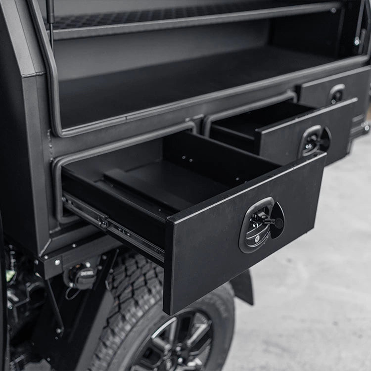 TUS Offroad Tradie Series 1800mm 3/4 Side Opening Tool Box with 3 External Drawers draw system black open
