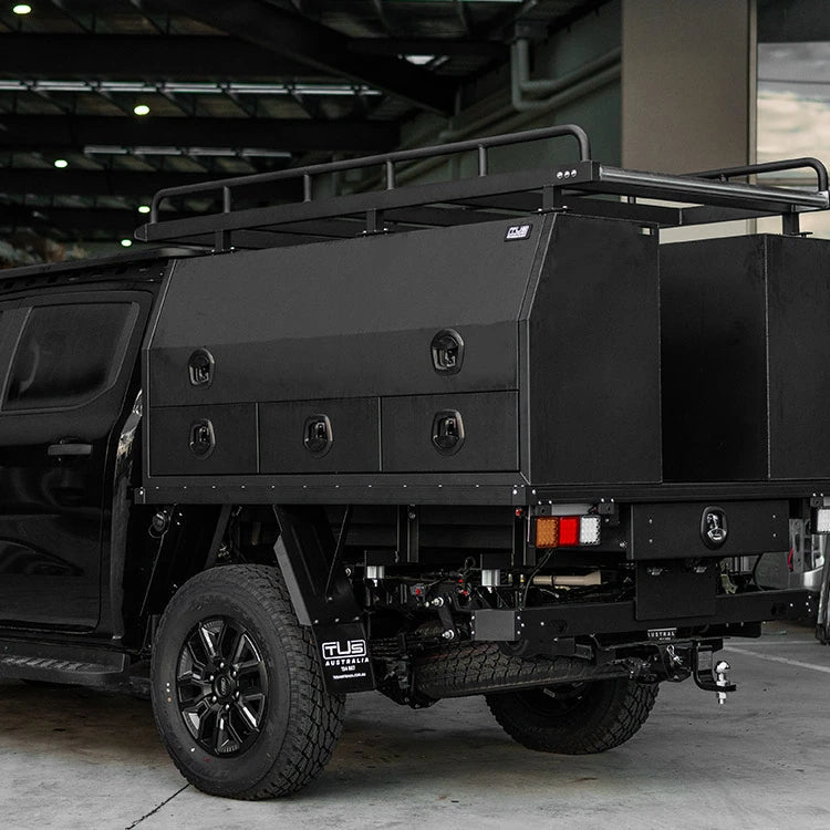 TUS Offroad Tradie Series 1800mm 3/4 Side Opening Tool Box with 3 External Drawers closed doors black