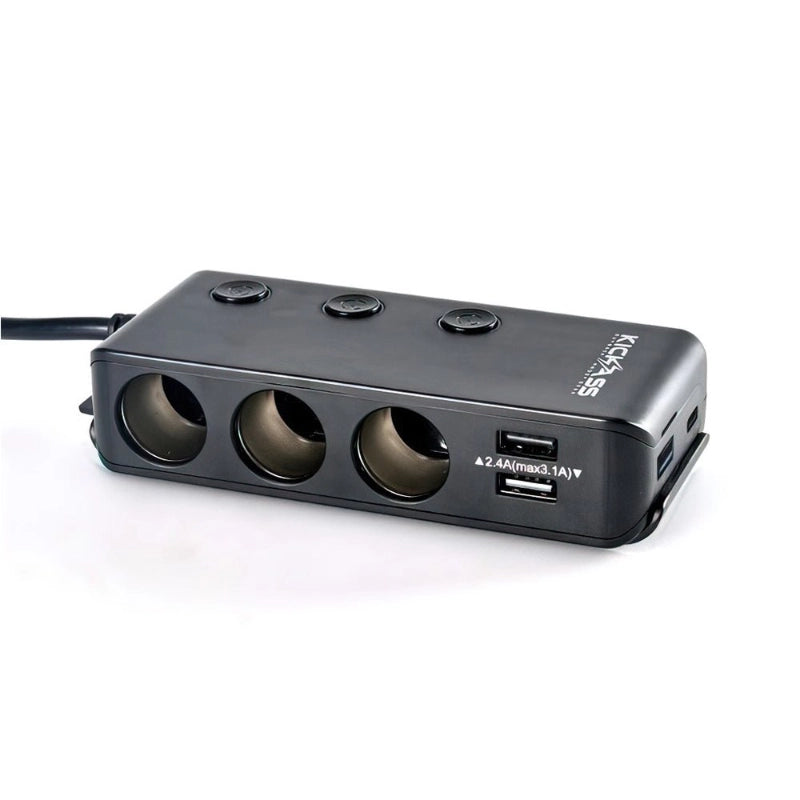 KickAss 3 Way Cigarette Socket Splitter with USB Ports