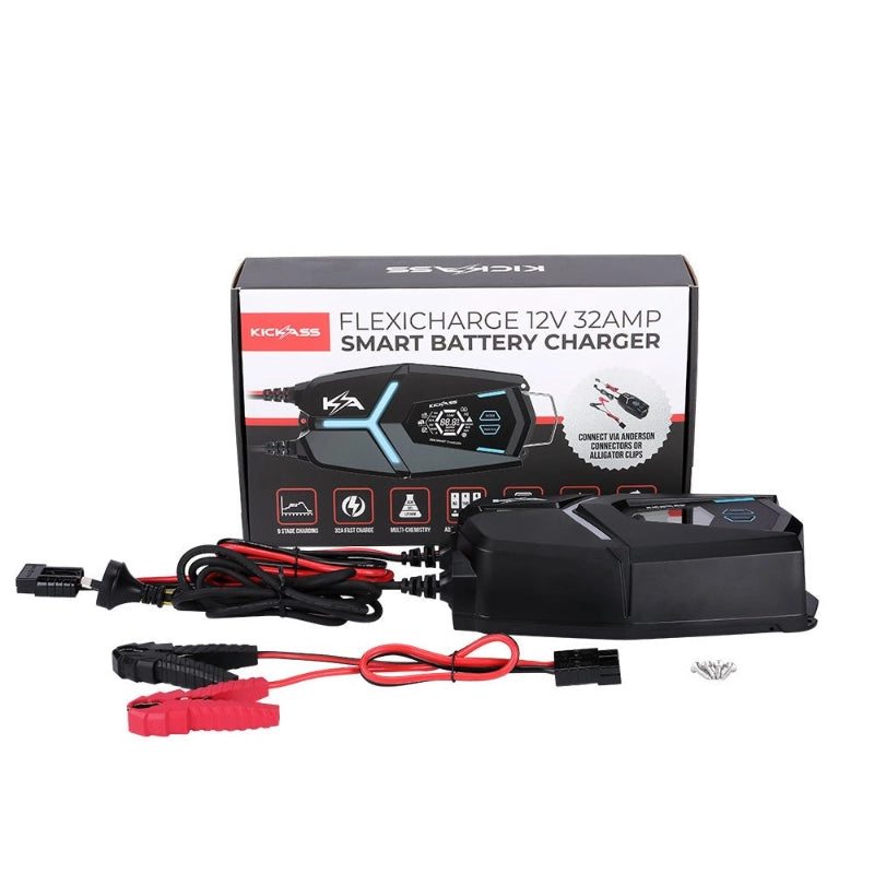 KickAss Flexicharge 12V 32A ACDC Smart Battery Charger For Lead Acid, AGM & Lithium Batteries