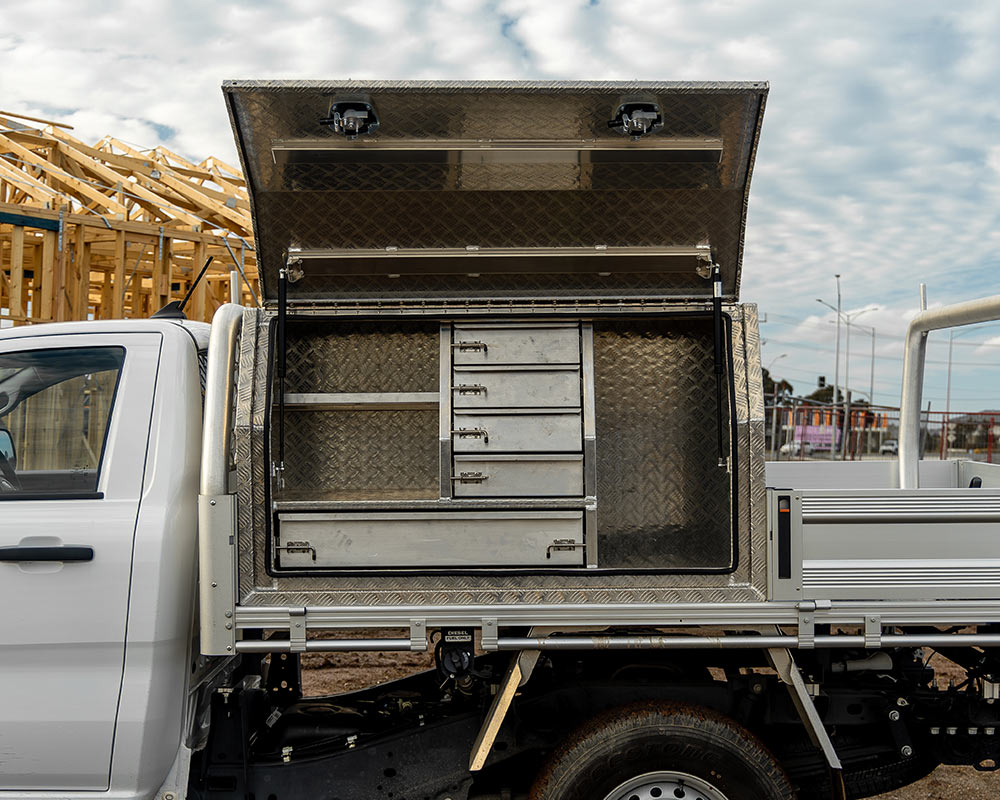 tradie series tool boxes open with draws